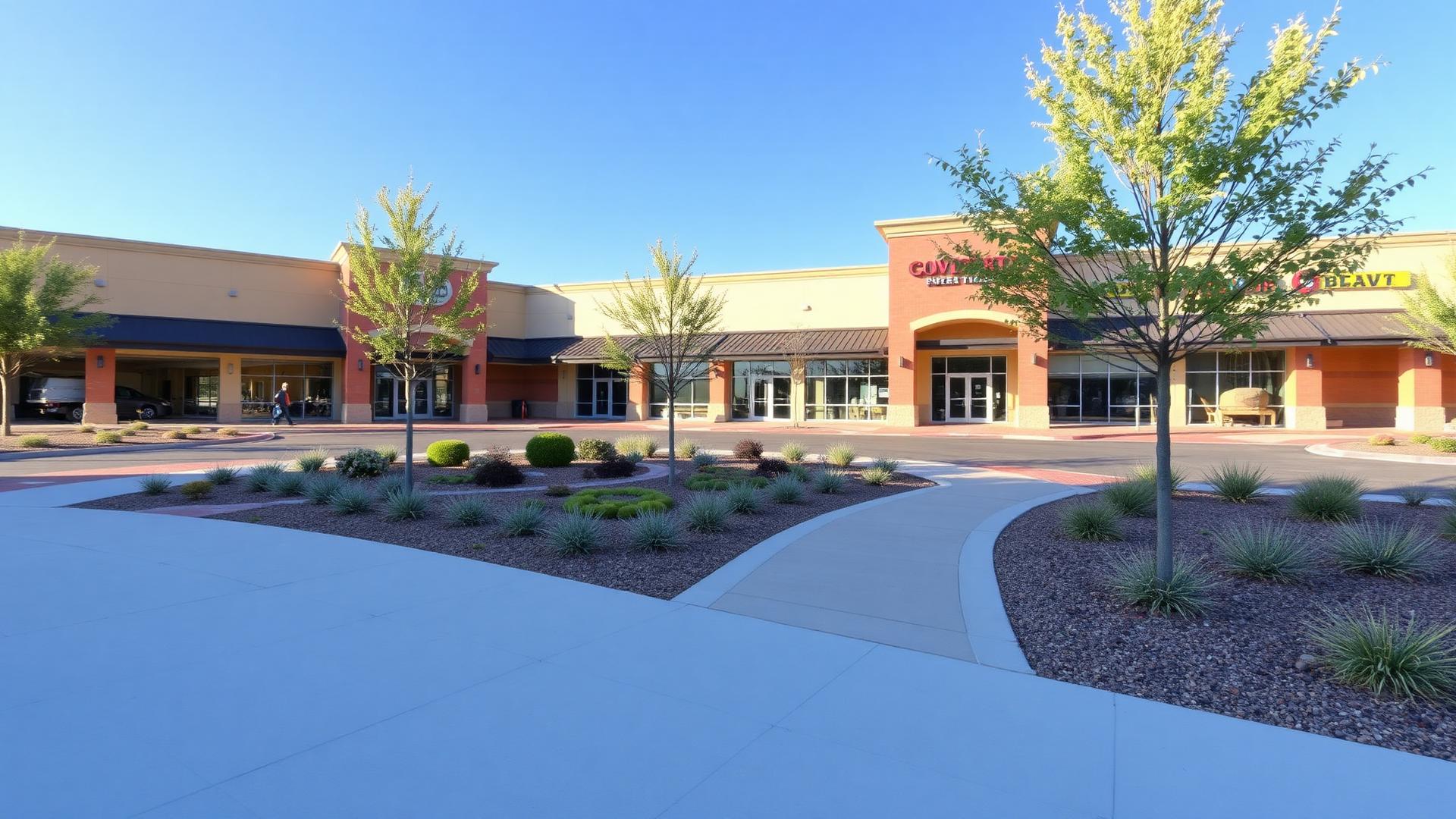Commercial retail development exterior with landscape, representative imagery