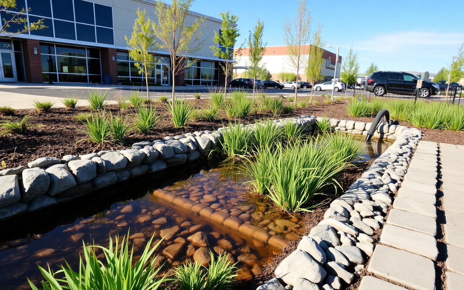Commercial bioretention basin with native planting, representative imagery