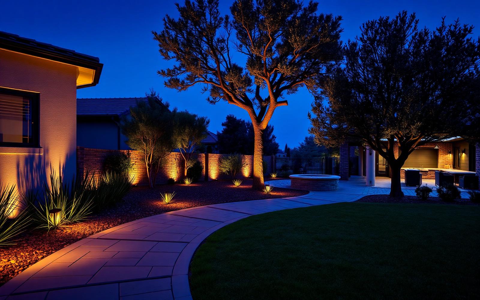 Southern California residential landscape at dusk with outdoor lighting, representative imagery