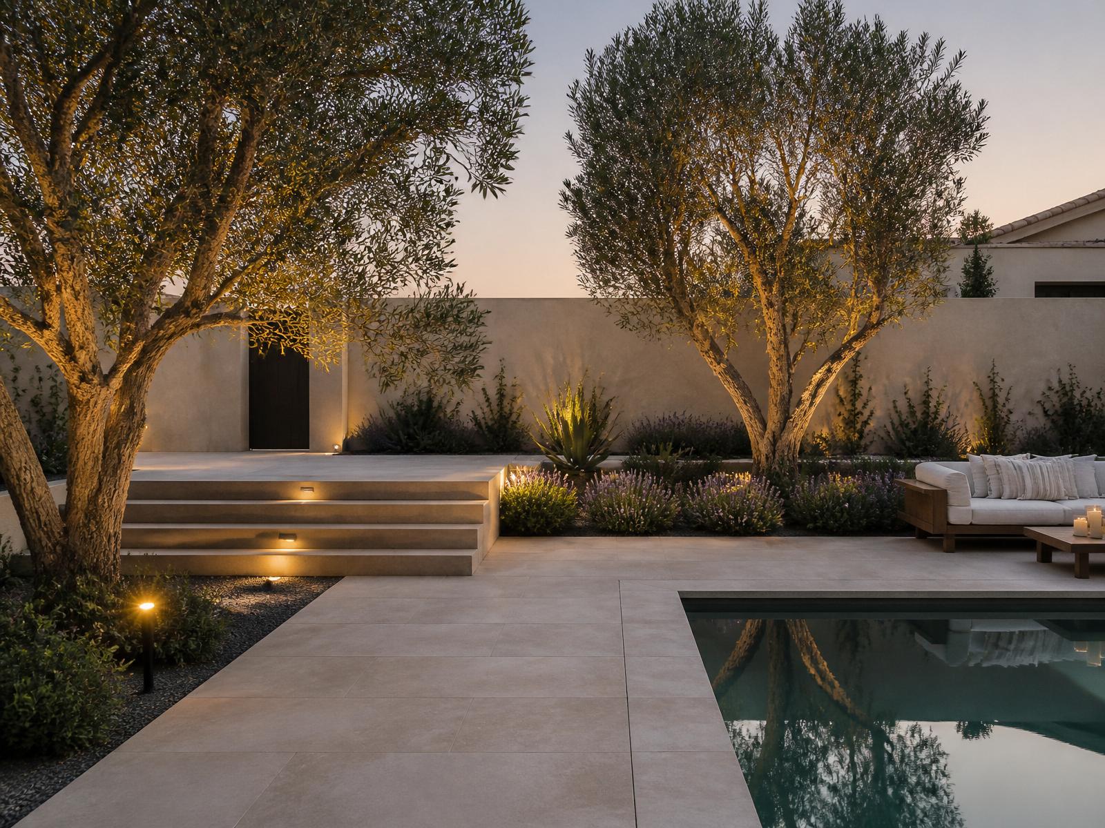 Private Southern California residential courtyard with large-format limestone pavers, olive trees, low planting and a rectangular pool at dusk, representative imagery