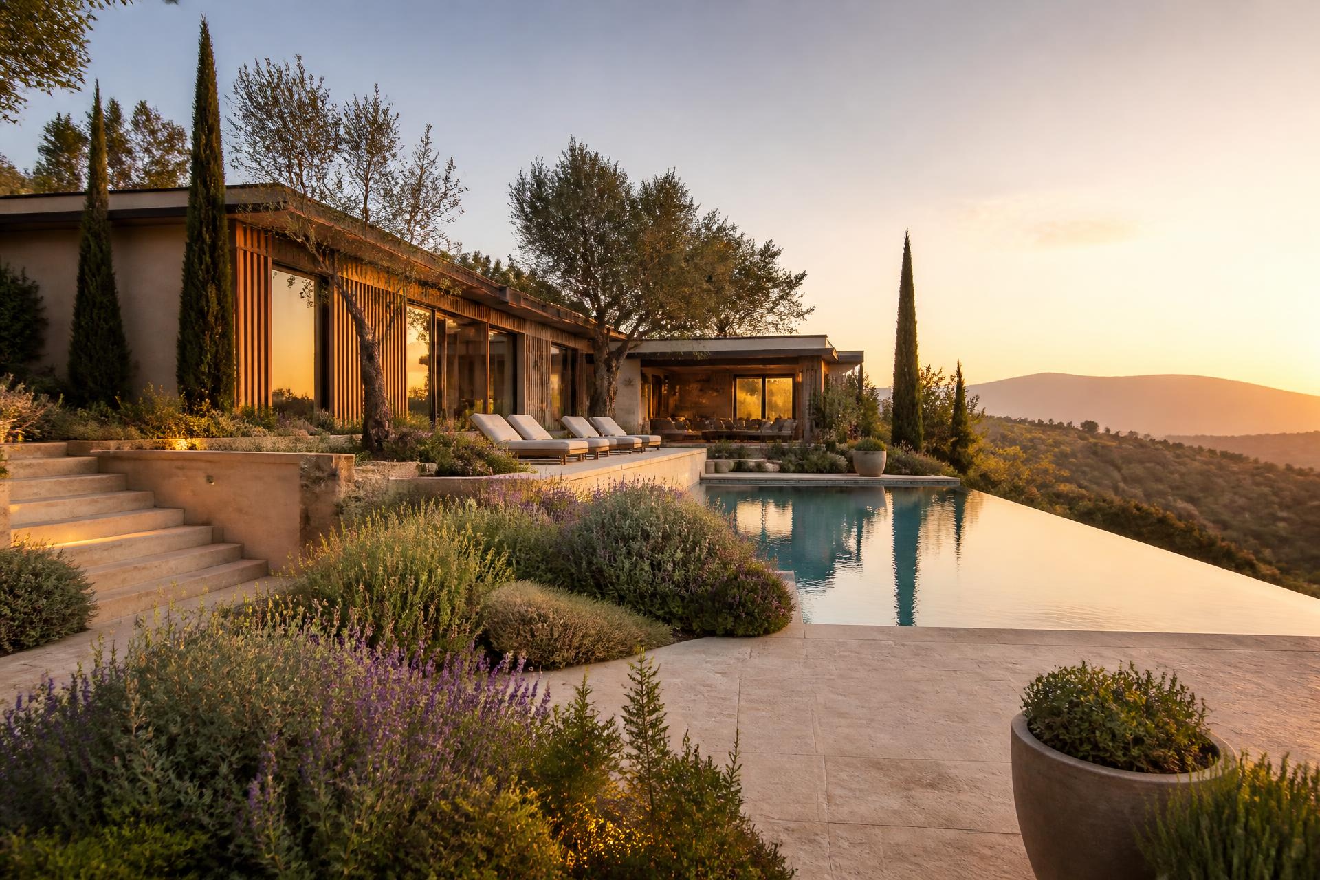 Completed Southern California hillside residence with olive trees, layered Mediterranean planting, limestone terrace and infinity pool at golden hour, representative imagery