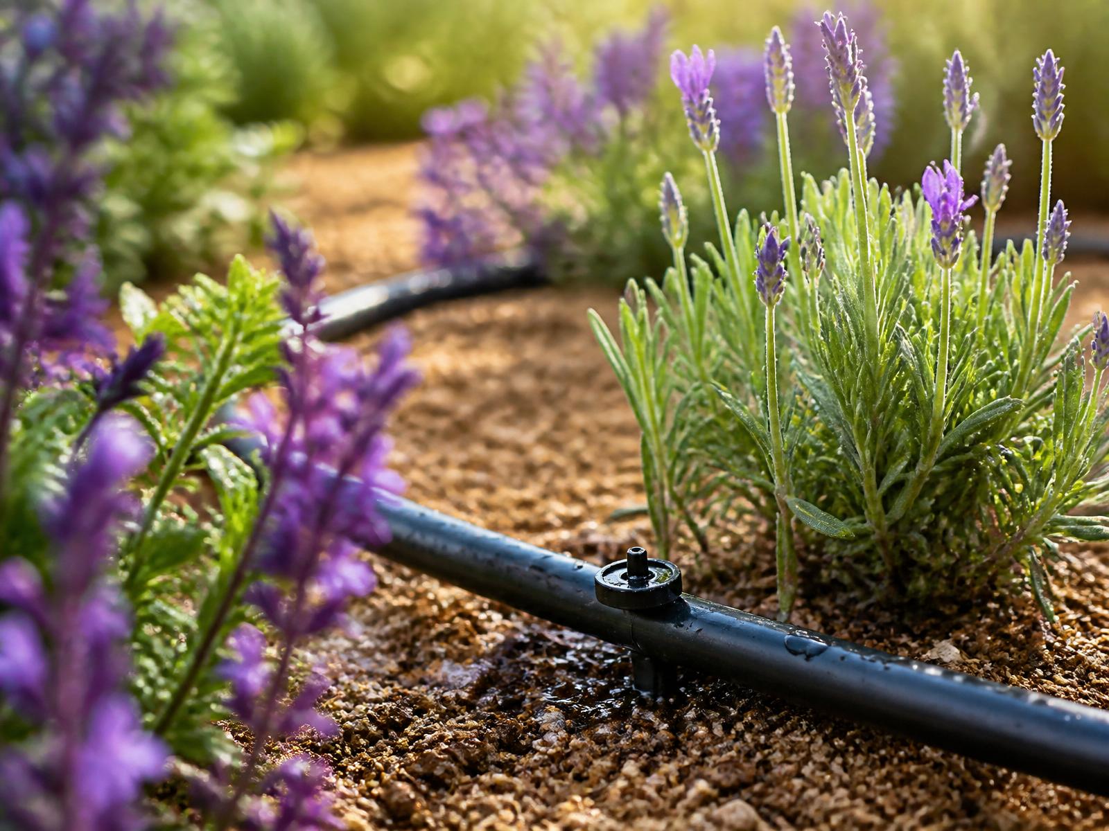 Drip irrigation emitters installed in a residential ornamental planting bed with lavender, representative imagery